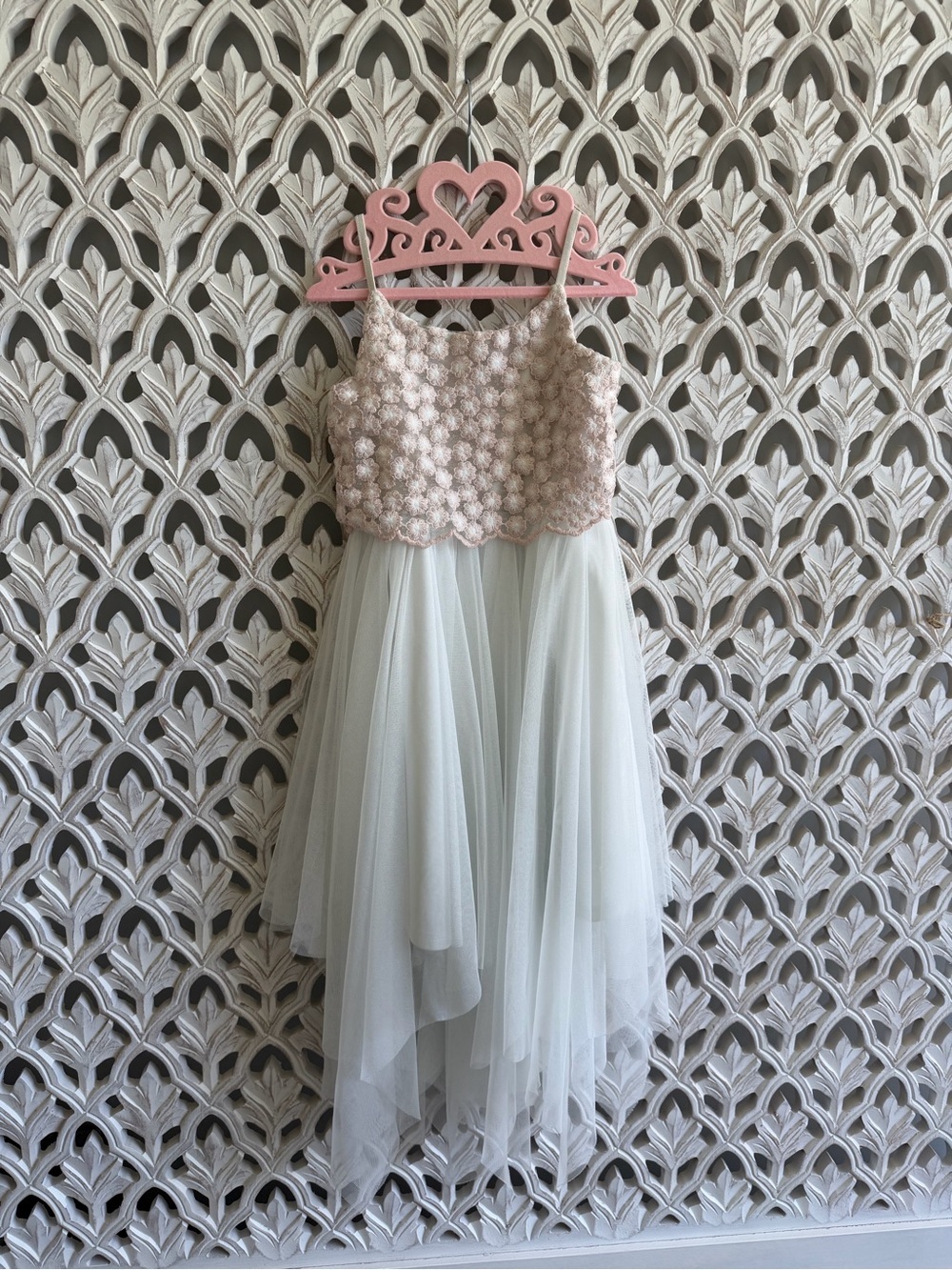 Girls Pink Crochet Bodice White Tulle Dress, size S